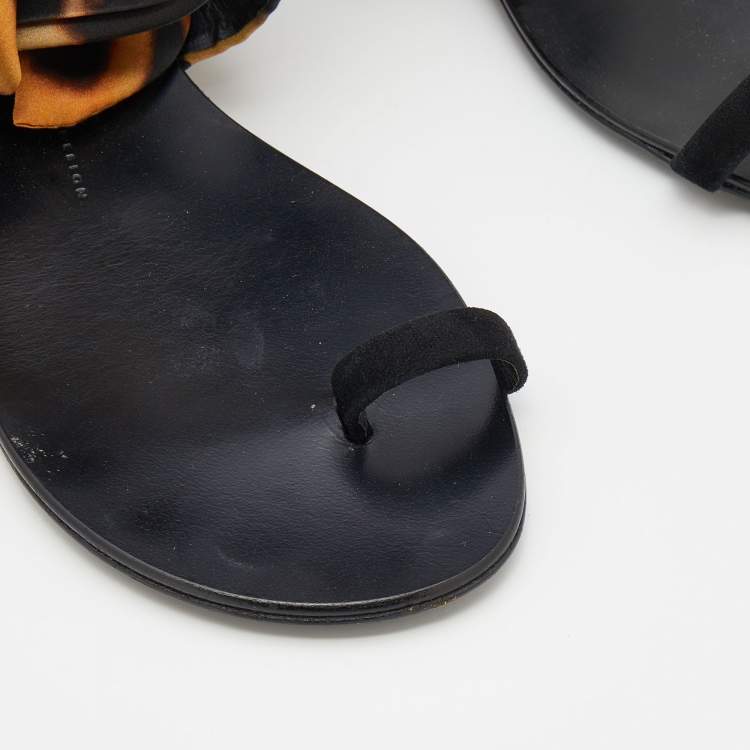 Pre Owned Giuseppe Zanotti Black/Beige Suede and Fabric Bow Ankle Strap Flat Sandals Size 39