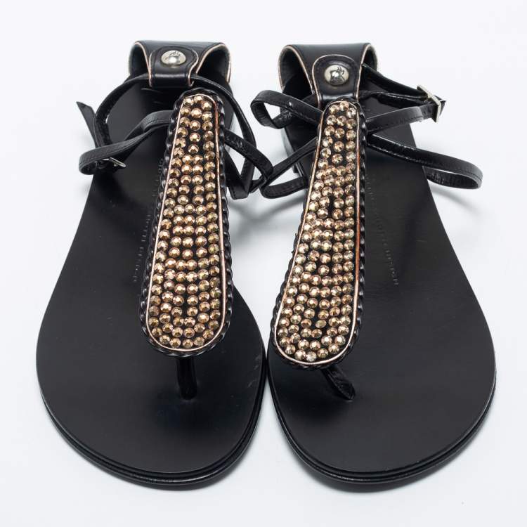 Pre Owned Giuseppe Zanotti Back Leather Crystal Embellished Flat Sandals Size 36
