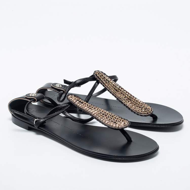 Pre Owned Giuseppe Zanotti Back Leather Crystal Embellished Flat Sandals Size 36