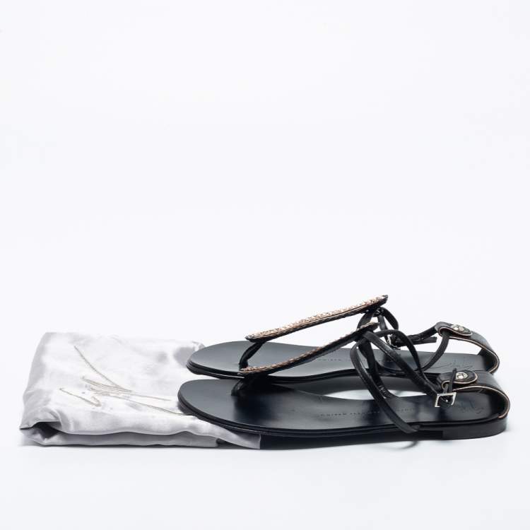 Pre Owned Giuseppe Zanotti Back Leather Crystal Embellished Flat Sandals Size 36