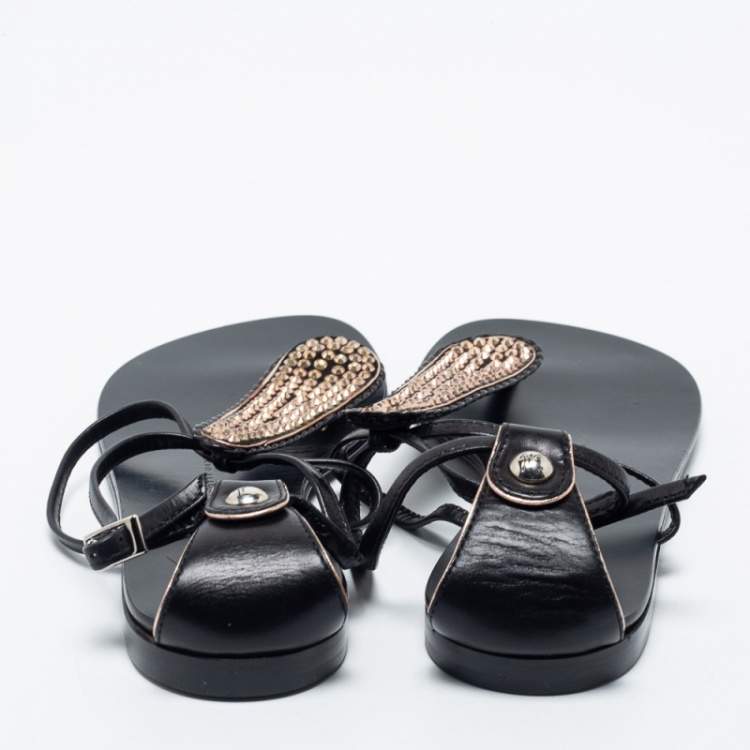 Pre Owned Giuseppe Zanotti Back Leather Crystal Embellished Flat Sandals Size 36