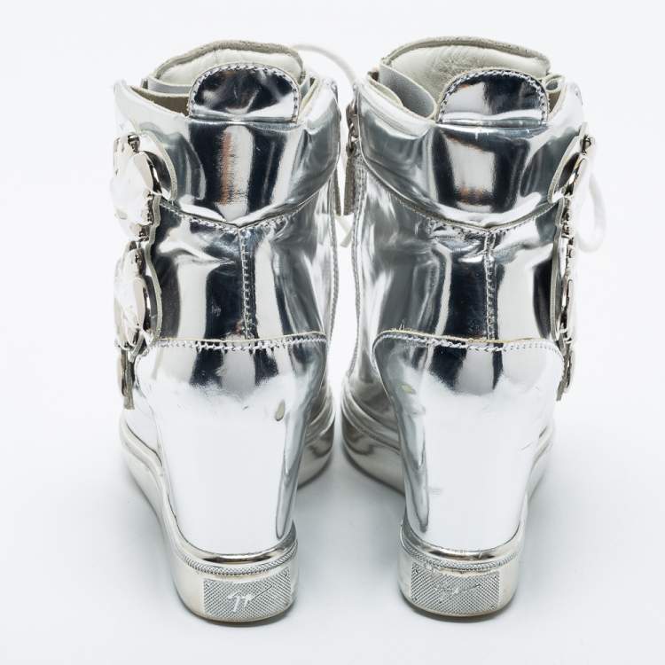 Pre Owned Giuseppe Zanotti Silver Patent Leather Wedge Sneakers Size 35
