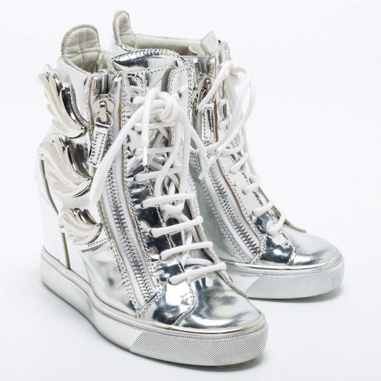 Pre Owned Giuseppe Zanotti Silver Patent Leather Wedge Sneakers Size 35