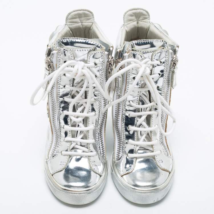 Pre Owned Giuseppe Zanotti Silver Patent Leather Wedge Sneakers Size 35