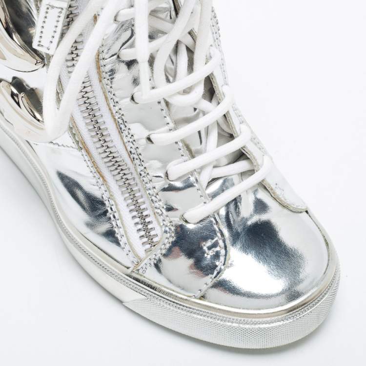 Pre Owned Giuseppe Zanotti Silver Patent Leather Wedge Sneakers Size 35