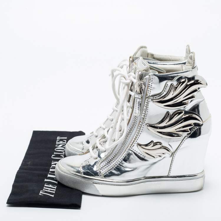 Pre Owned Giuseppe Zanotti Silver Patent Leather Wedge Sneakers Size 35
