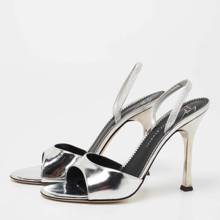 Pre Owned Giuseppe Zanotti Silver Patent Leather Lilibeth Slingback Sandals Size 38