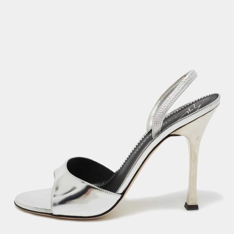 Pre Owned Giuseppe Zanotti Silver Patent Leather Lilibeth Slingback Sandals Size 38