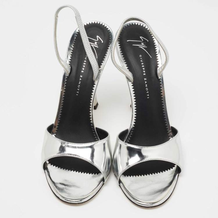 Pre Owned Giuseppe Zanotti Silver Patent Leather Lilibeth Slingback Sandals Size 38