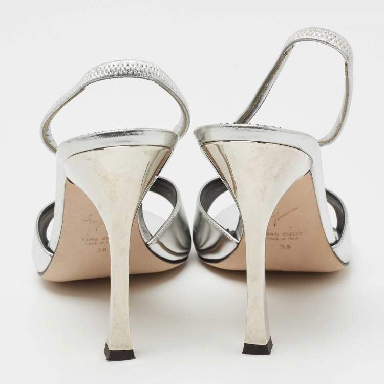 Pre Owned Giuseppe Zanotti Silver Patent Leather Lilibeth Slingback Sandals Size 38