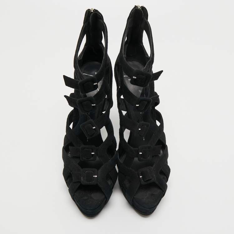 Pre Owned Giuseppe Zanotti Black Suede Buckle Detail Platform Cage Sandals Size 41