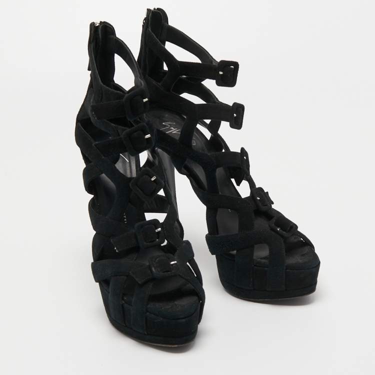 Pre Owned Giuseppe Zanotti Black Suede Buckle Detail Platform Cage Sandals Size 41