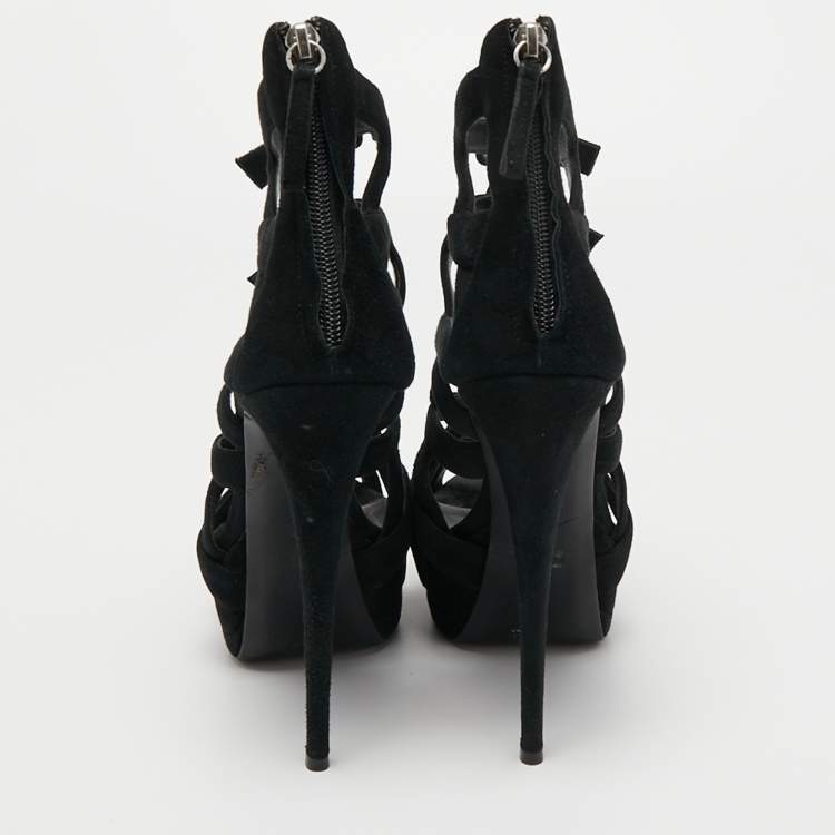 Pre Owned Giuseppe Zanotti Black Suede Buckle Detail Platform Cage Sandals Size 41