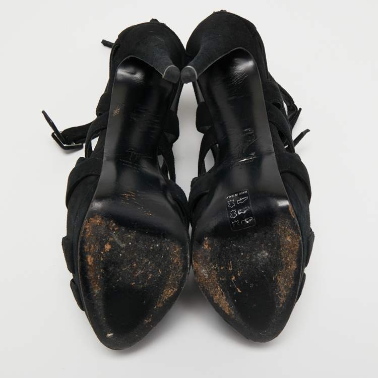 Pre Owned Giuseppe Zanotti Black Suede Buckle Detail Platform Cage Sandals Size 41