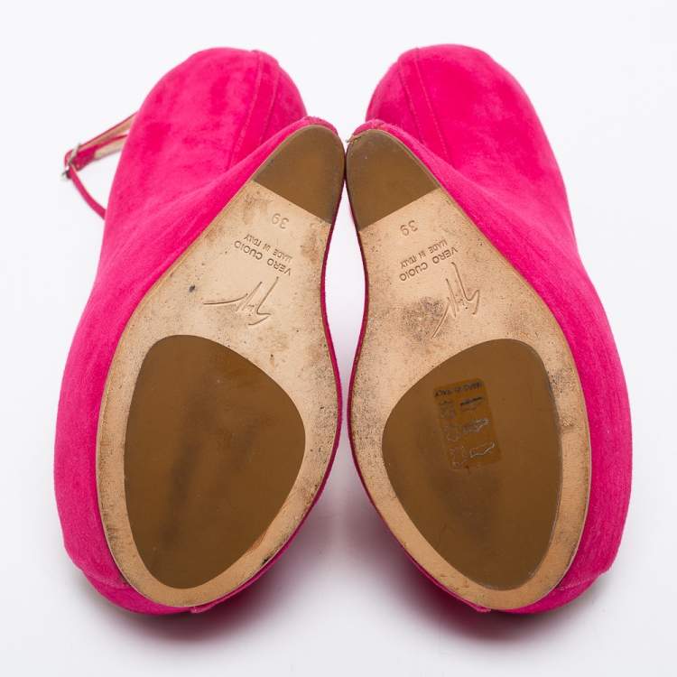مملوكة مسبقًا Giuseppe Zanotti Pink Suede Peep Toe Heel Less Platform Ankle Strap Pumps Size 39