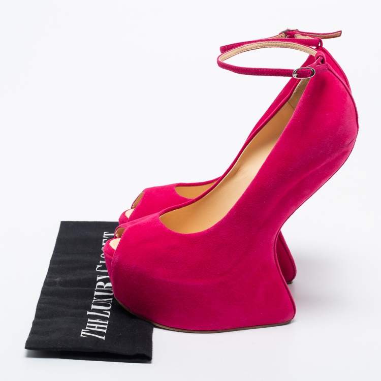 مملوكة مسبقًا Giuseppe Zanotti Pink Suede Peep Toe Heel Less Platform Ankle Strap Pumps Size 39