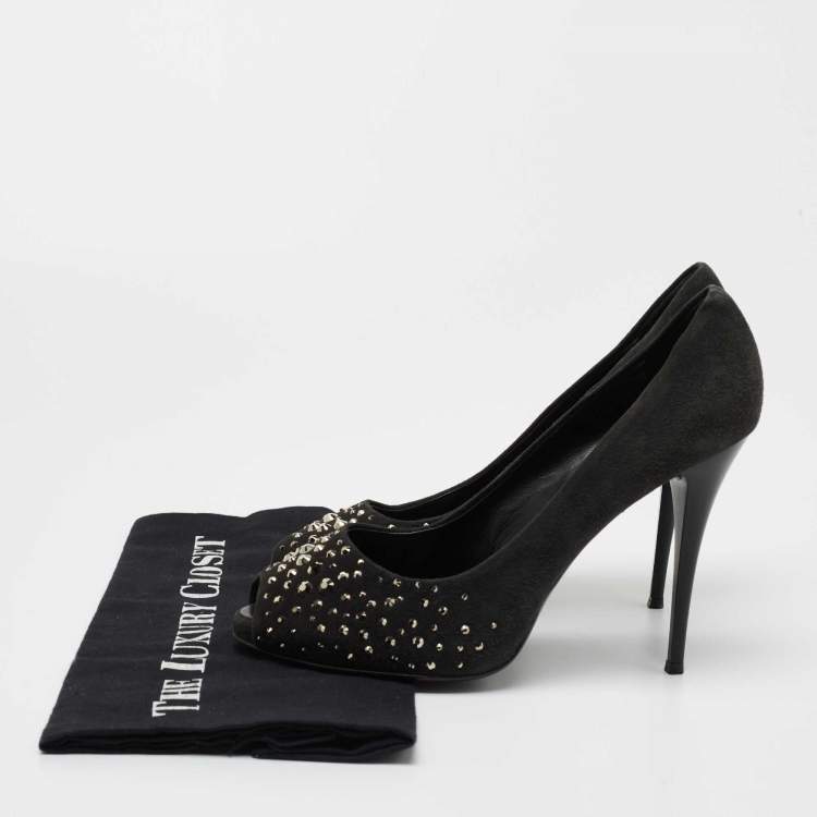 Pre Owned Giuseppe Zanotti Grey Suede Embellished Peep Toe Pumps Size 38.5