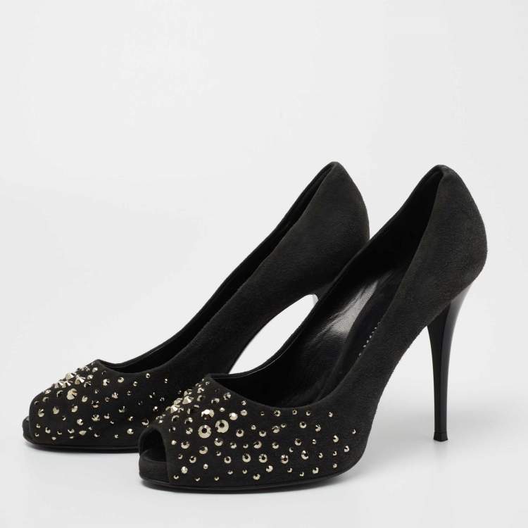 Pre Owned Giuseppe Zanotti Grey Suede Embellished Peep Toe Pumps Size 38.5
