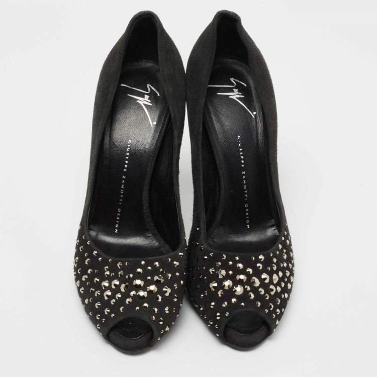 Pre Owned Giuseppe Zanotti Grey Suede Embellished Peep Toe Pumps Size 38.5