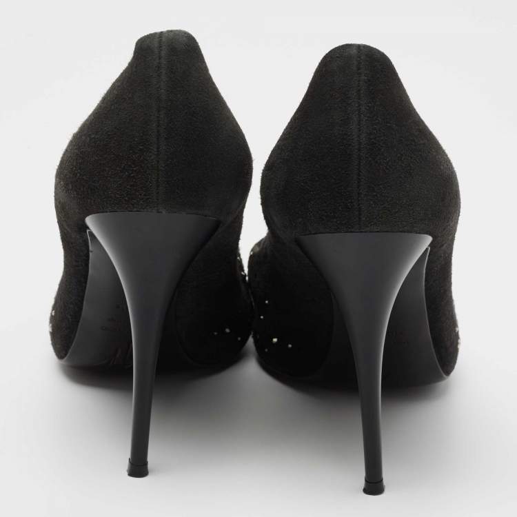 Pre Owned Giuseppe Zanotti Grey Suede Embellished Peep Toe Pumps Size 38.5