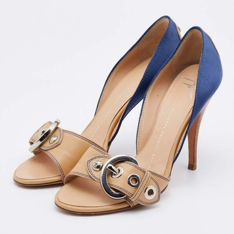 Pre Owned Giuseppe Zanotti Blue/Beige Satin and Leather Buckle Side Sandals Size 37