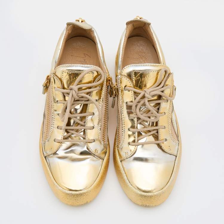 Pre Owned Giuseppe Zanotti Metallic Gold Leather May London Double Zipper Sneakers Size 40