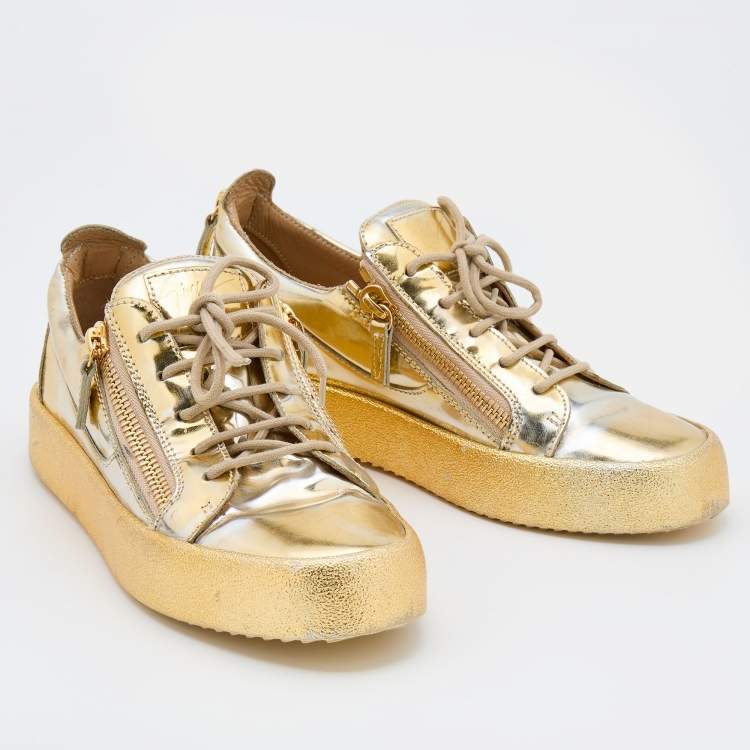 Pre Owned Giuseppe Zanotti Metallic Gold Leather May London Double Zipper Sneakers Size 40