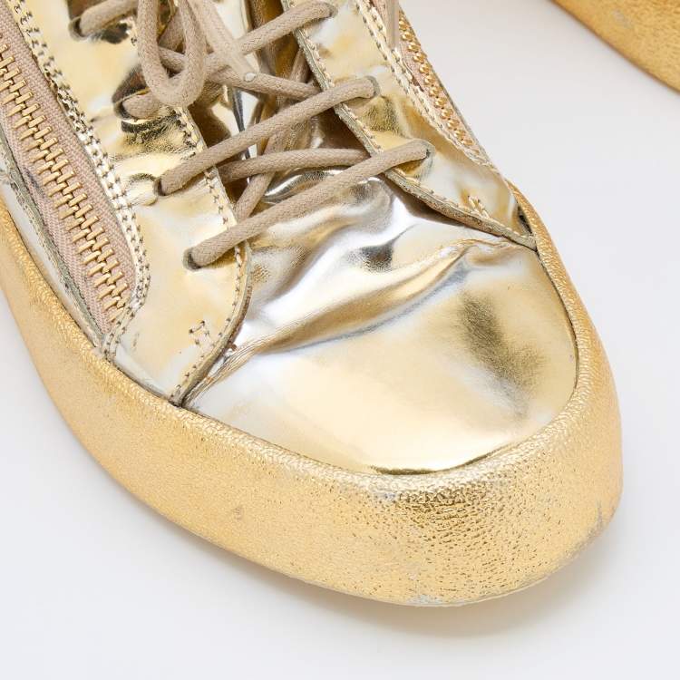 Pre Owned Giuseppe Zanotti Metallic Gold Leather May London Double Zipper Sneakers Size 40