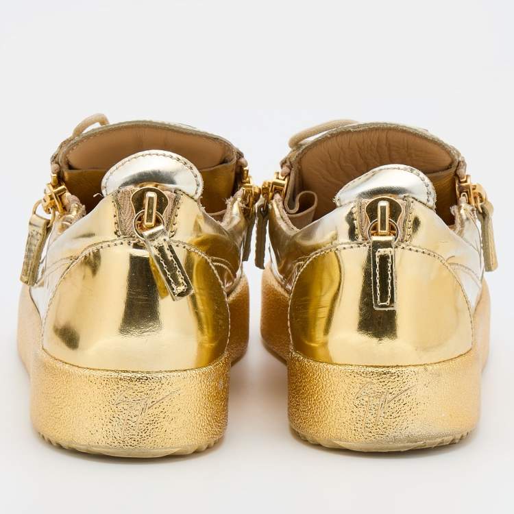 Pre Owned Giuseppe Zanotti Metallic Gold Leather May London Double Zipper Sneakers Size 40