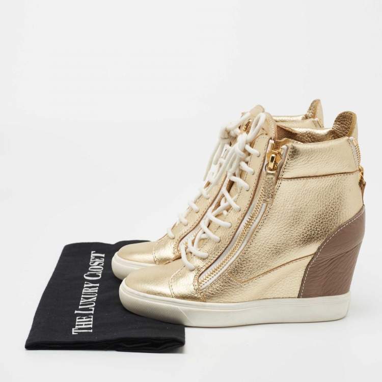Pre Owned Giuseppe Zanotti Gold Leather High Top Wedge Sneakers Size 37