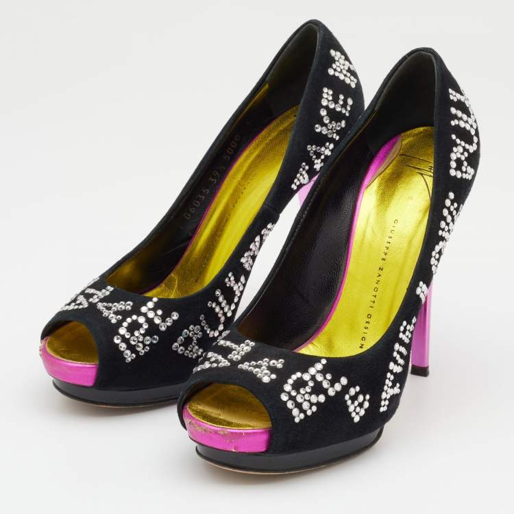 Pre Owned Giuseppe Zanotti Black Suede Crystal Embellished Peep Toe Platform Pumps Size 39.5