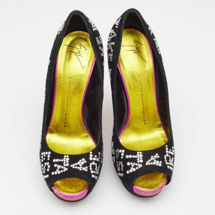 Pre Owned Giuseppe Zanotti Black Suede Crystal Embellished Peep Toe Platform Pumps Size 39.5