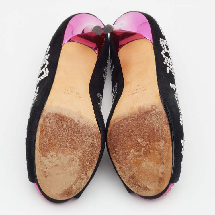 Pre Owned Giuseppe Zanotti Black Suede Crystal Embellished Peep Toe Platform Pumps Size 39.5