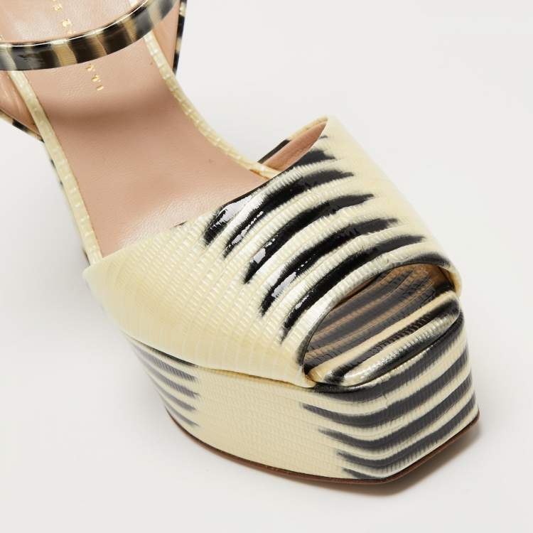 Pre Owned Giuseppe Zanotti Yellow/Black Patent Platform Ankle Strap Sandals Size 38