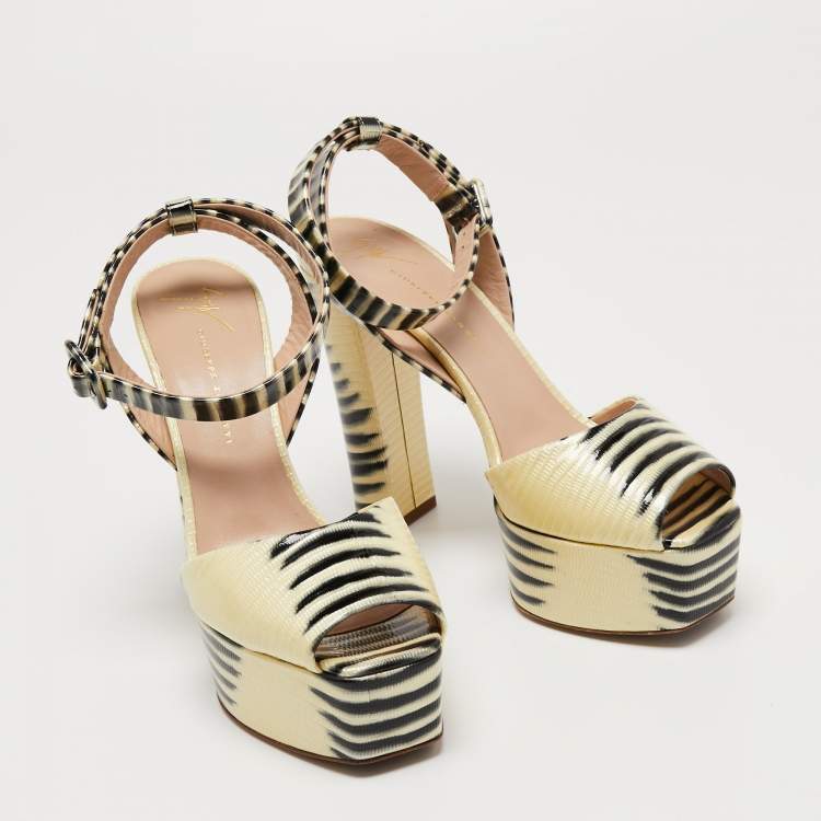 Pre Owned Giuseppe Zanotti Yellow/Black Patent Platform Ankle Strap Sandals Size 38