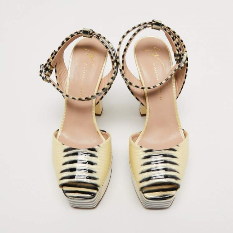 Pre Owned Giuseppe Zanotti Yellow/Black Patent Platform Ankle Strap Sandals Size 38