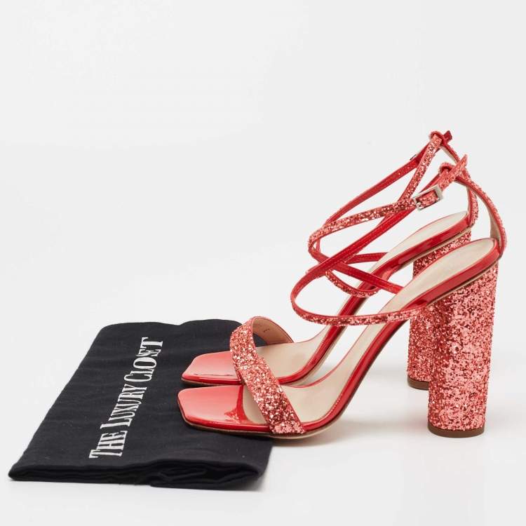 Pre Owned Giuseppe Zanotti Orange Glitter Ankle Strap Sandals Size 37