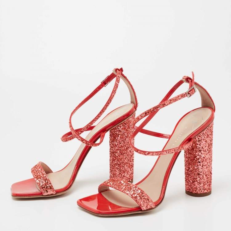 Pre Owned Giuseppe Zanotti Orange Glitter Ankle Strap Sandals Size 37
