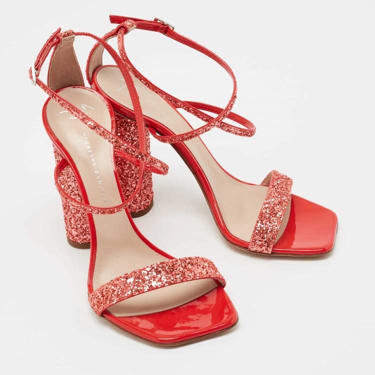 Pre Owned Giuseppe Zanotti Orange Glitter Ankle Strap Sandals Size 37