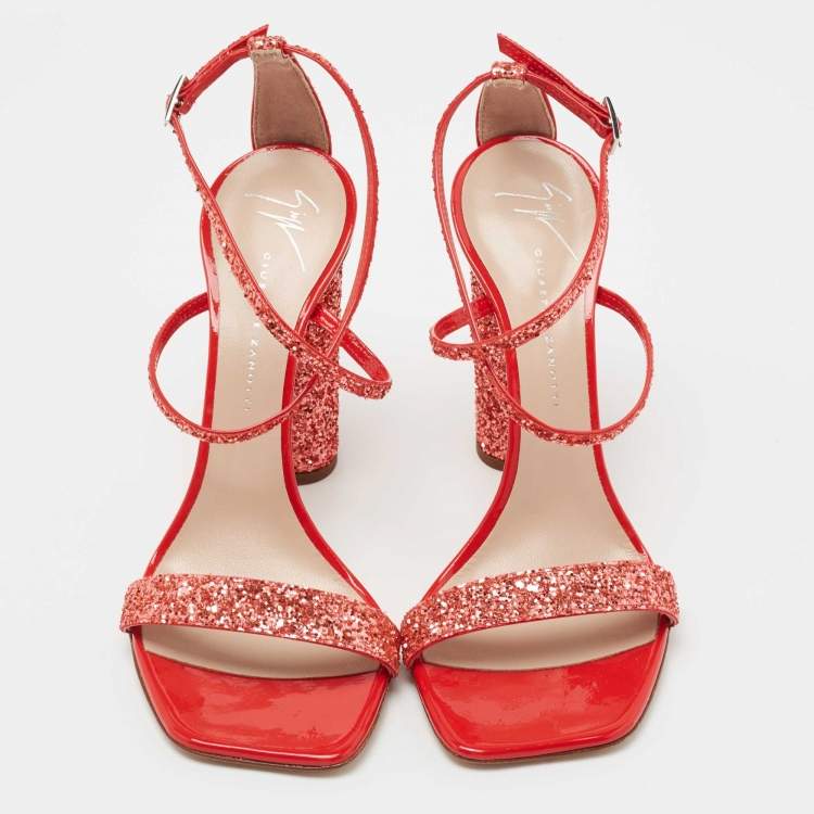 Pre Owned Giuseppe Zanotti Orange Glitter Ankle Strap Sandals Size 37
