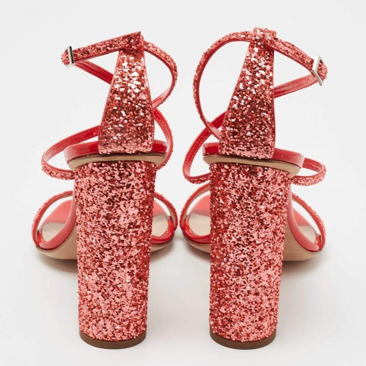 Pre Owned Giuseppe Zanotti Orange Glitter Ankle Strap Sandals Size 37
