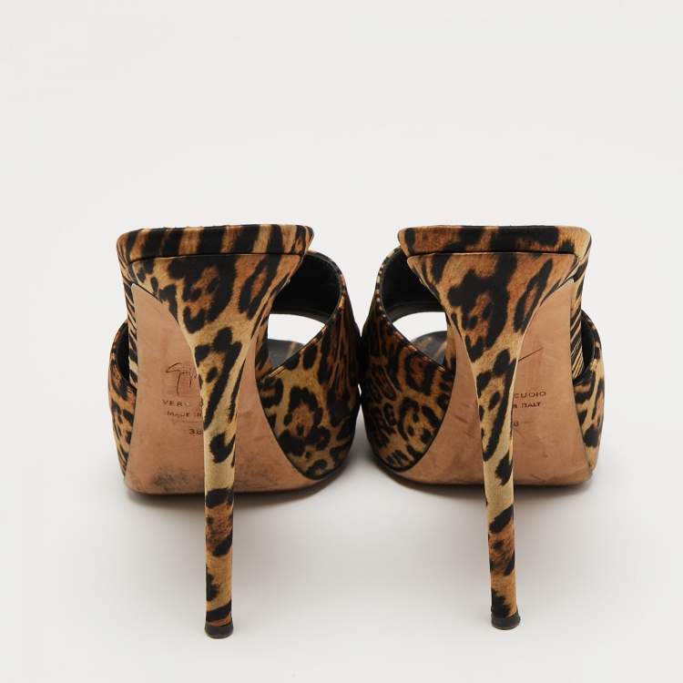 Pre Owned Giuseppe Zanotti Brown Fabric Tiger Print Slide Sandals Size 38
