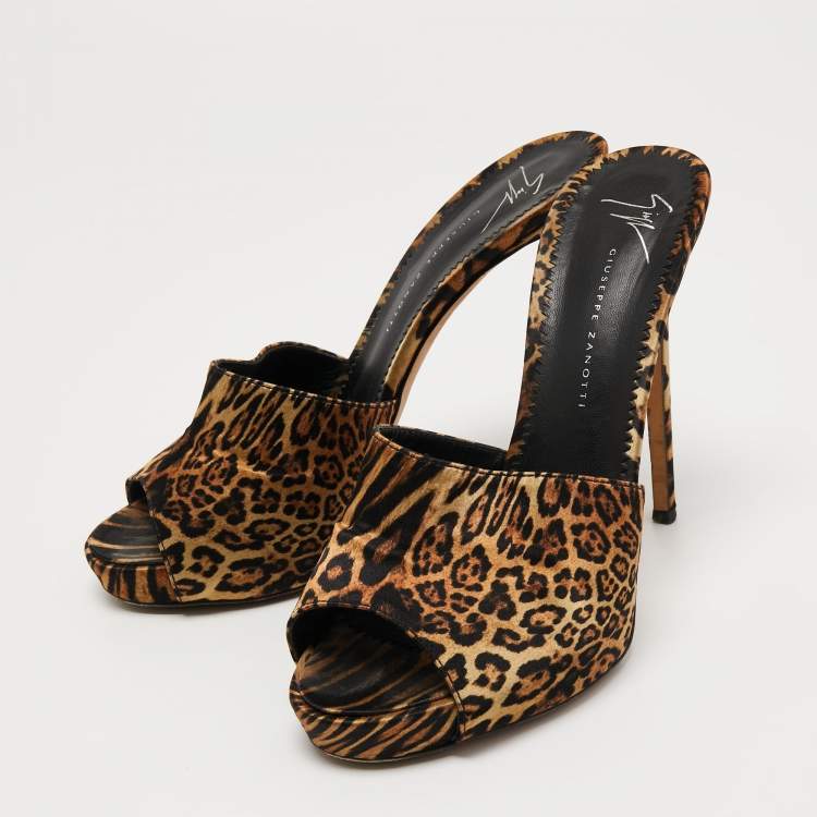 Pre Owned Giuseppe Zanotti Brown Fabric Tiger Print Slide Sandals Size 38