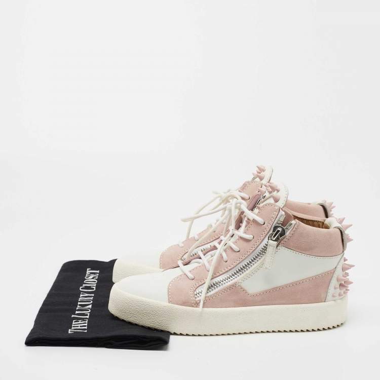 Pre Owned Giuseppe Zanotti Pink/White Suede and Leather Double Zipper High Top Sneakers Size 37