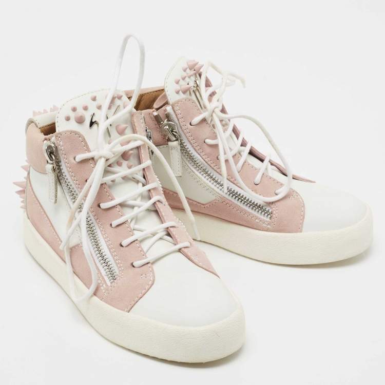Pre Owned Giuseppe Zanotti Pink/White Suede and Leather Double Zipper High Top Sneakers Size 37