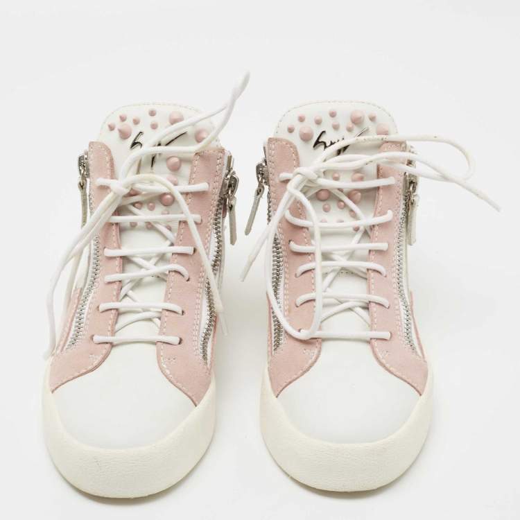 Pre Owned Giuseppe Zanotti Pink/White Suede and Leather Double Zipper High Top Sneakers Size 37