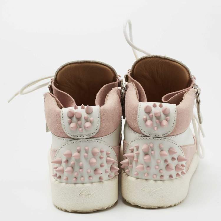 Pre Owned Giuseppe Zanotti Pink/White Suede and Leather Double Zipper High Top Sneakers Size 37