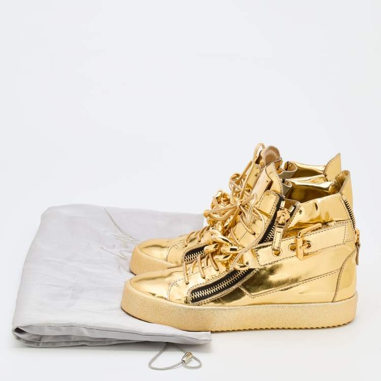 Pre Owned Giuseppe Zanotti Metallic Gold Leather Chain High Top Sneakers Size 39