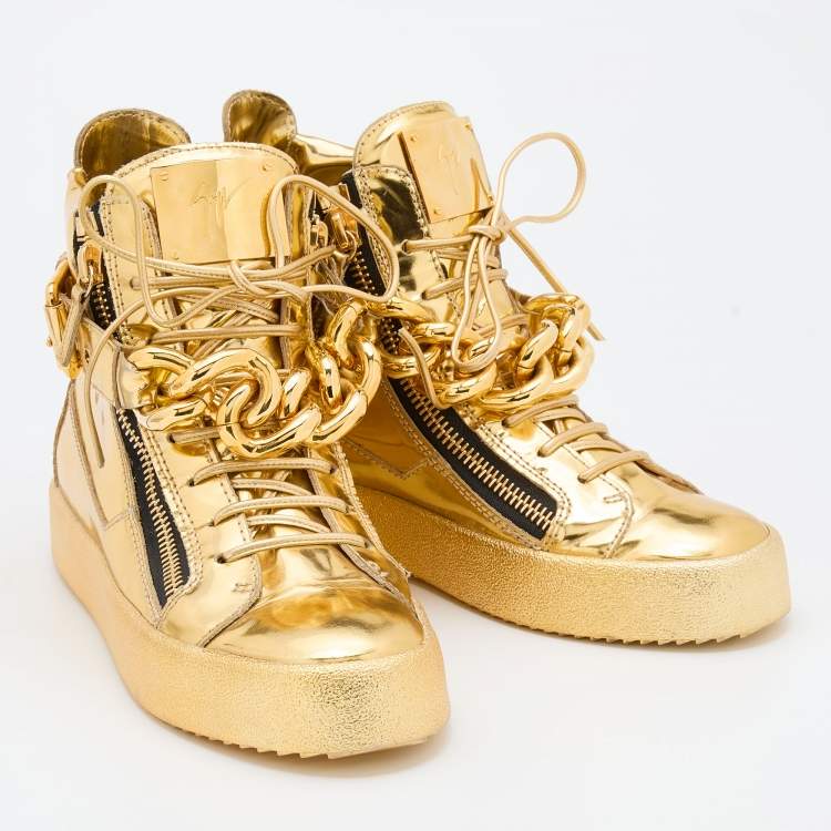Pre Owned Giuseppe Zanotti Metallic Gold Leather Chain High Top Sneakers Size 39