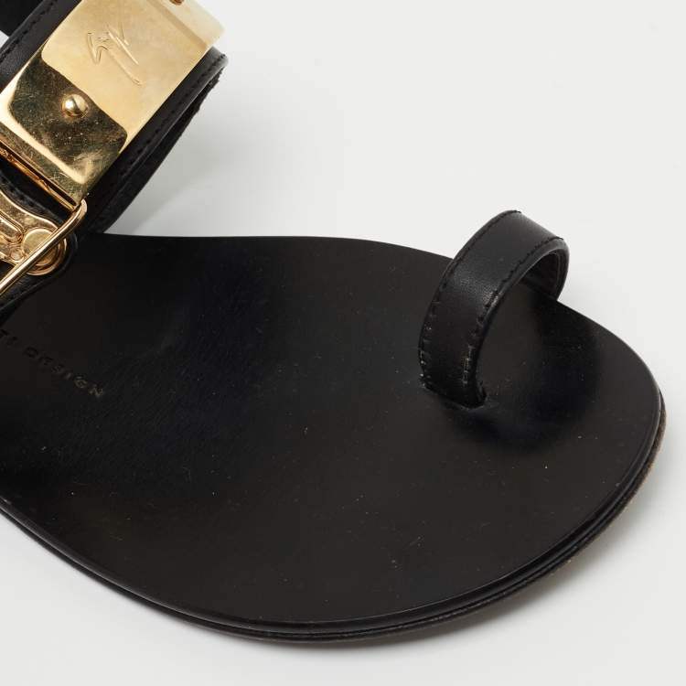Pre Owned Giuseppe Zanotti Black Leather Buckle Slingback Flats Size 38.5